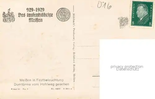 AK / Ansichtskarte Meissen_Elbe_Sachsen 1000jaehrige Stadt 929   1929 Blick zum Dom Festbeleuchtung Nachtaufnahme Meissen_Elbe_Sachsen