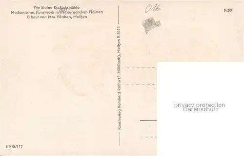 AK / Ansichtskarte Meissen_Elbe_Sachsen Kleine Kuckucksmuehle Mechanisches Kunstwerk Erbauer Max Voetchen Meissen_Elbe_Sachsen