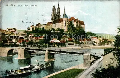 AK / Ansichtskarte Meissen_Elbe_Sachsen Elbbruecke Dampfer Koenigliche Albrechtsburg mit Dom Meissen_Elbe_Sachsen