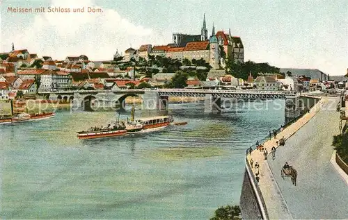 AK / Ansichtskarte Meissen_Elbe_Sachsen Blick ueber die Elbe Schloss Albrechtsburg und Dom Elbbruecke Dampfer Meissen_Elbe_Sachsen