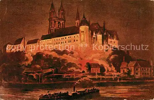 AK / Ansichtskarte Meissen_Elbe_Sachsen Albrechtsburg unter Beleuchtung Dampfer Kuenstlerkarte Meissen_Elbe_Sachsen