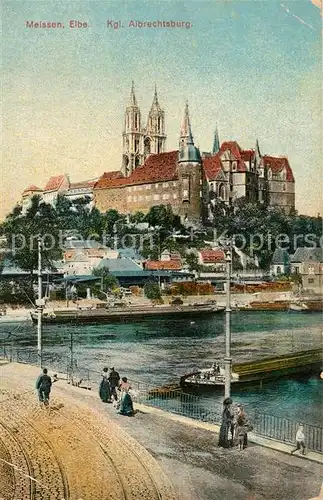 AK / Ansichtskarte Meissen_Elbe_Sachsen Koenigliche Albrechtsburg Uferpromenade an der Elbe Frachtkahn Meissen_Elbe_Sachsen