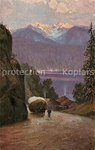 AK / Ansichtskarte Walchensee Panorama Alpenblick Heuwagen Kuenstlerkarte Walchensee