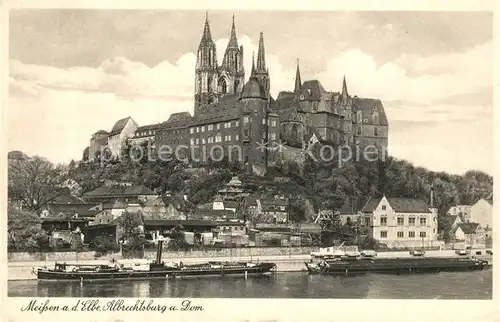 AK / Ansichtskarte Meissen_Elbe_Sachsen Albrechtsburg und Dom Elbe Frachtkahn Meissen_Elbe_Sachsen