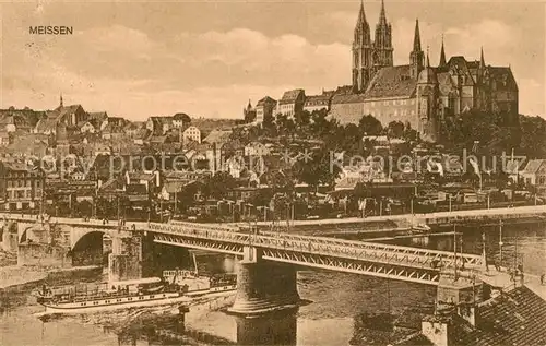 AK / Ansichtskarte Meissen_Elbe_Sachsen Elbbruecke Dampfer Albrechtsburg und Dom Meissen_Elbe_Sachsen
