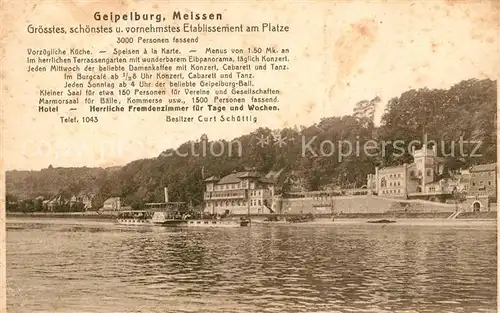 AK / Ansichtskarte Meissen_Elbe_Sachsen Etablissement Geipelburg Elbe Dampfer Meissen_Elbe_Sachsen