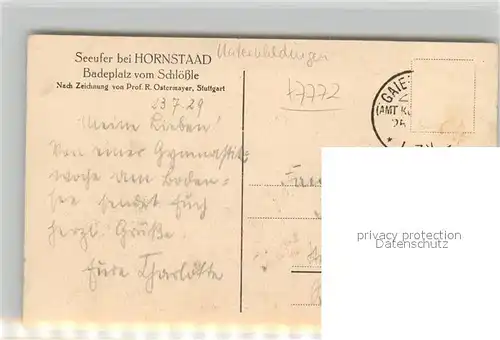 AK / Ansichtskarte Unteruhldingen Seeufer Hornstaad Badeplatz vom Schloessle Zeichnung Ostermayer Unteruhldingen