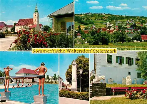 AK / Ansichtskarte Waltersdorf_Bad_Waltersdorf Kirche Freibad Kriegerdenkmal Roemische Funde Waltersdorf_Bad