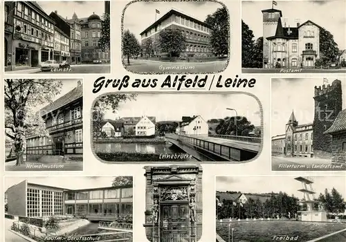 AK / Ansichtskarte Alfeld_Leine Leinstrasse Gymnasium Postamt Heimatmuseum Leinebruecke Fillerturm Freibad Kaufm. Berufsschule Alfeld_Leine