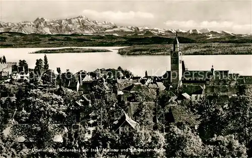 AK / Ansichtskarte ueberlingen_Bodensee Stadtpanorama mit Insel Mainau und Schweizer Alpen ueberlingen Bodensee