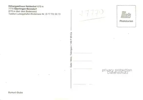 AK / Ansichtskarte Bonndorf_ueberlingen Hoehengasthof Pension Haldenhof Burkartstube Bonndorf ueberlingen