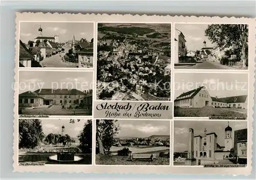 AK / Ansichtskarte Stockach_Baden Stadtbild mit Kirche Schule Stadtgarten Kirche Kriegerdenkmal Landschaftspanorama Stockach_Baden