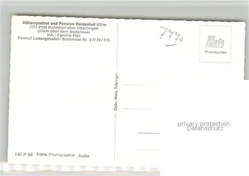 AK / Ansichtskarte Bonndorf_ueberlingen Hoehengasthof Pension Haldenhof Terrasse Blick auf den Bodensee Bonndorf ueberlingen