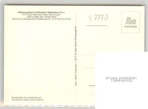 AK / Ansichtskarte Bonndorf_ueberlingen Hoehengasthof Pension Haldenhof Speisesaal Ausblick auf Schweizer Alpen und Bodman Bonndorf ueberlingen