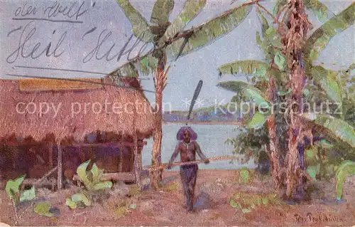 AK / Ansichtskarte Papua Neuguinea Huette Bewohnerin Palmen nach Gemaelde von Peter Paul Mueller Papua Neuguinea