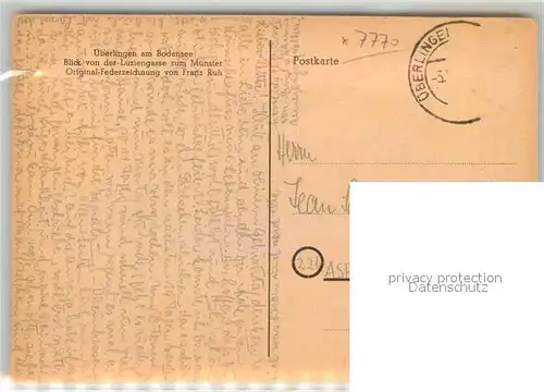 AK / Ansichtskarte ueberlingen_Bodensee Blick von Luziengasse zum Muenster Federzeichnung Franz Ruh ueberlingen Bodensee