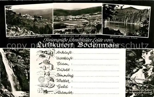 AK / Ansichtskarte Bodenmais Arberschutzhaus Arber Panorama Gr Arbersee Rockfall Wasserfall Riesloch Bodenmais