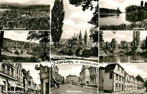 AK / Ansichtskarte Iserlohn Blick vom Danzturm Gruenetal Wermingserstrasse Kath Kirche Rathausplatz Seilsersee Rupenteich An der Schlacht Iserlohn