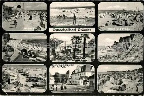 AK / Ansichtskarte Groemitz_Ostseebad Promenade Brandung Strand Bruecke Palmengarten Hohes Ufer Zeltplatz Markt Groemitz_Ostseebad