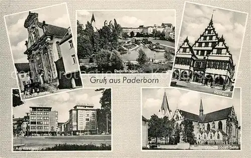 AK / Ansichtskarte Paderborn Franziskanerkirche Paderanlagen Rathaus Am Westerntor Dom Suedost Seite Paderborn