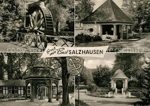 AK / Ansichtskarte Bad_Salzhausen Wasserrad Lithiumquelle Stahlquelle Salzquelle Bad_Salzhausen