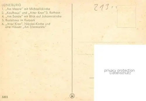 AK / Ansichtskarte Lueneburg Michaeliskirche Kaufhaus Alter Kran Am Sande Badehaus im Kurpark Am Stintmarkte Lueneburg