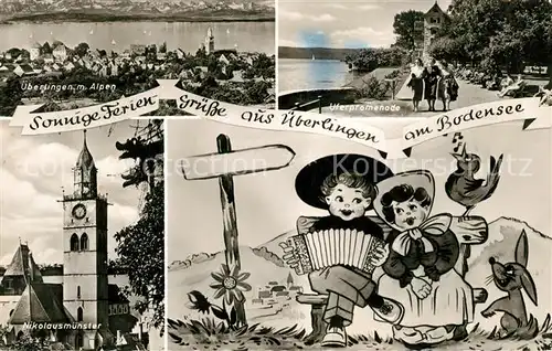 AK / Ansichtskarte ueberlingen_Bodensee Panorama mit Alpen Uferpromenade Nikolausmuenster Karikaturen ueberlingen Bodensee