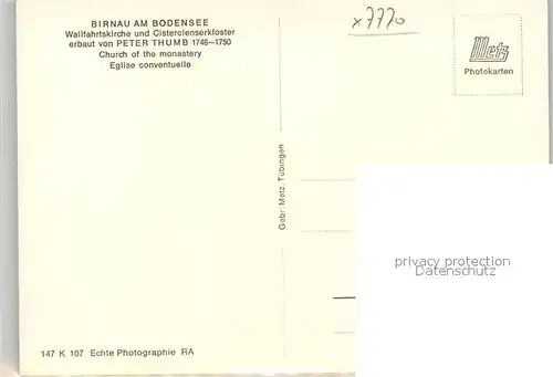 AK / Ansichtskarte Birnau Wallfahrtskirche Zisterzienserkloster Erbauer Peter Thumb Birnau