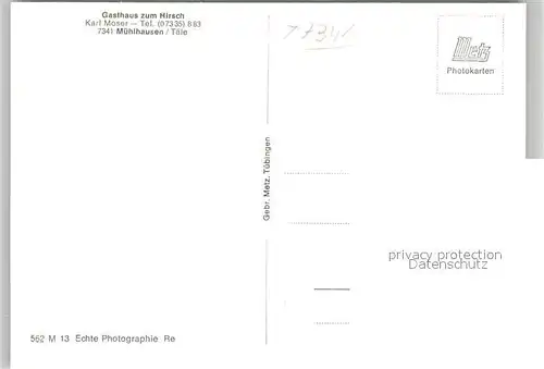 AK / Ansichtskarte Muehlhausen_Taele Gasthaus zum Hirsch Muehlhausen_Taele