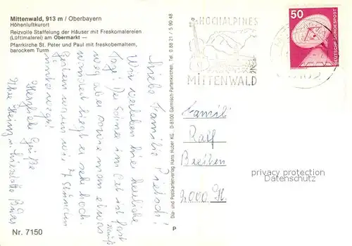 AK / Ansichtskarte Mittenwald_Bayern Obermarkt Freskomalerei Pfarrkirche Sankt Peter und Paul Turm Mittenwald Bayern