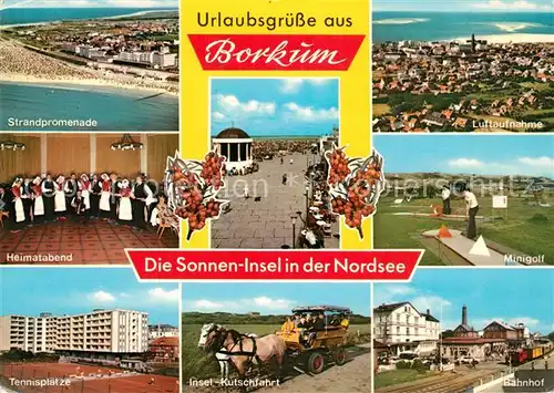 AK / Ansichtskarte Borkum_Nordseebad Promenade Minigolf Bahnhof Insel Kutschfahrt Tennisplaetze Heimatabend Strandpromenade Fliegeraufnahme Borkum_Nordseebad