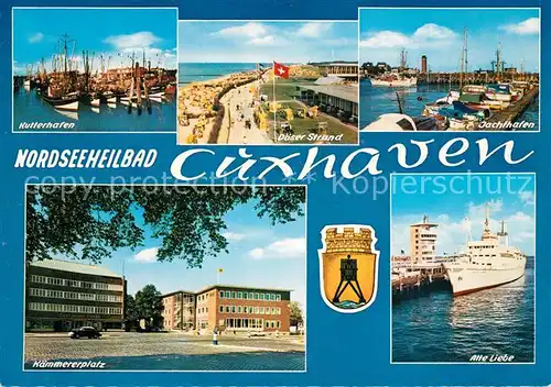 AK / Ansichtskarte Cuxhaven_Nordseebad Kutterhafen Doeser Strand Jachthafen Alte Liebe Kaemmererplatz Wappen Cuxhaven_Nordseebad