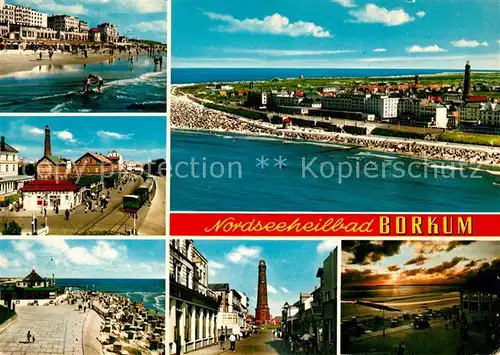 AK / Ansichtskarte Borkum_Nordseebad Strand Inselbahnhof Promenade Leuchtturm Sonnenuntergang Fliegeraufnahme Borkum_Nordseebad