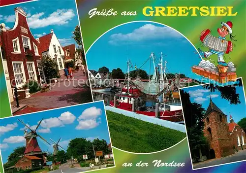 AK / Ansichtskarte Greetsiel Ortsmotiv Windmuehlen Kirche Fischkutter Hafen Greetsiel