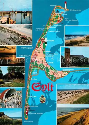 AK / Ansichtskarte Sylt Motive der Insel Kirche Strand Duenen Konzertpavillon Landkarte Sylt