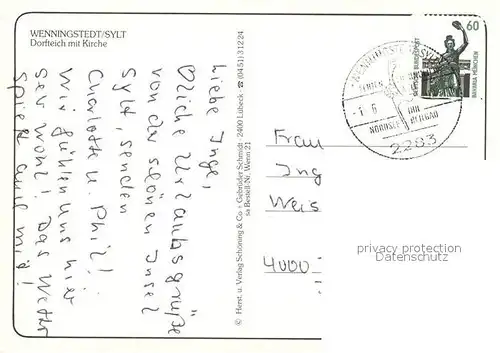 AK / Ansichtskarte Wenningstedt_Sylt Dorfteich mit Kirche Wasservoegel Wenningstedt_Sylt