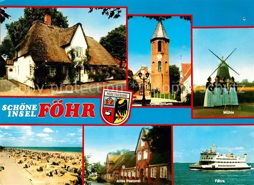 AK / Ansichtskarte Insel_Foehr Friesenhaus Glockenturm Windmuehle Trachten Strand Pastorat Faehre Wappen Insel_Foehr