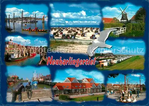 AK / Ansichtskarte Neuharlingersiel Hafen Fischkutter Strandleben Windmuehle Moewe Campingplatz Skulpturen Ortsmotive Neuharlingersiel