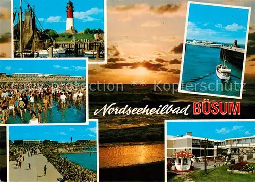 AK / Ansichtskarte Buesum_Nordseebad Fischkutter Hafen Leuchtturm Mole Strand Promenade Sonnenuntergang Buesum_Nordseebad