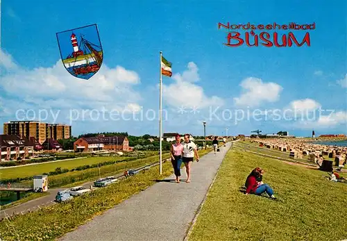 AK / Ansichtskarte Buesum_Nordseebad Deichpromenade am Suedstrand Wappen Buesum_Nordseebad
