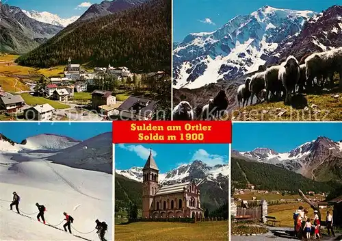 AK / Ansichtskarte Sulden_Ortler Gesamtansicht mit Alpenpanorama Kirche Schafe Skiwandern Bergsteiger Gletscher Sulden_Ortler
