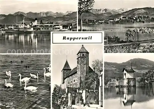 AK / Ansichtskarte Rapperswil_SG Fahrgastschiff Zuerichsee Alpenpanorama Schwaene Kirche Kapelle Rapperswil SG