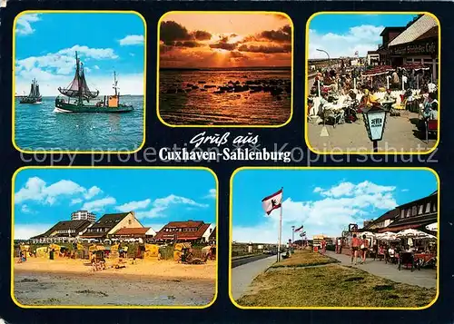 AK / Ansichtskarte Sahlenburg Fischkutter Strandcafe Sonnenuntergang Promenade Sahlenburg