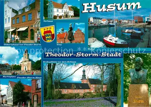 AK / Ansichtskarte Husum_Nordfriesland Geburtshaus Theodor Storm Denkmal Bueste Torhaus Hafen Marktplatz Krokusbluete Schloss Tine Husum_Nordfriesland