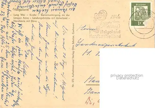 AK / Ansichtskarte Helgoland Lung Wai Kirche Sonnenuntergang an der Langen Anna Landungsbruecke mit Unterland Nordkueste mit Duene Helgoland