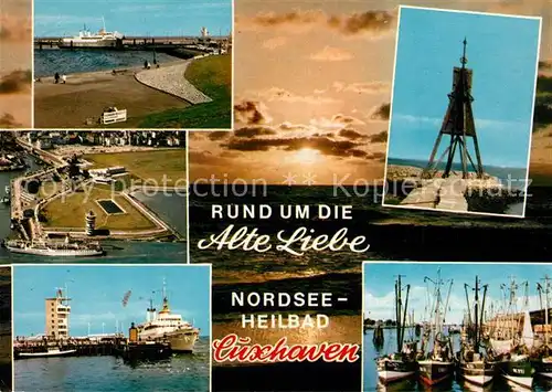 AK / Ansichtskarte Cuxhaven_Nordseebad Hafen Kugelbake Hafen Faehre Fischkutter Abendstimmung Fliegeraufnahme Cuxhaven_Nordseebad