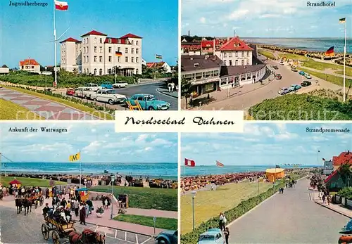AK / Ansichtskarte Duhnen_Nordsee Jugendherberge Strandhotel Wattwagen Strandpromenade Duhnen Nordsee