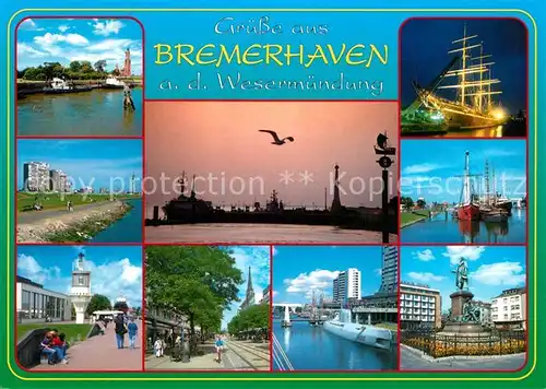 AK / Ansichtskarte Bremerhaven Wesermuendung Segelschiff Dreimaster Abendstimmung am Hafen Promenade Denkmal Bremerhaven