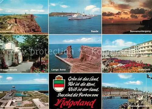 AK / Ansichtskarte Helgoland Klippenweg Reede Faehre Sonnenuntergang Bremer Strasse Lange Anna Suedstrand Landungsbruecken Schwimmbad Helgoland