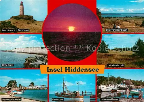 AK / Ansichtskarte Insel_Hiddensee Leuchtturm Dornbusch Hohe Duene Heidelandschaft Hafen Fischkutter Sonnenuntergang Insel Hiddensee